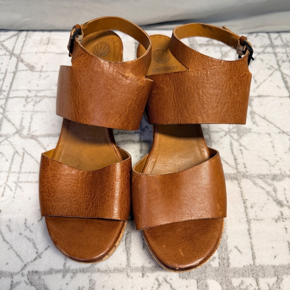 Coclico Tan Leather Cork Platform Wedge Sandals Ankle Strap Women 38 
US 7.5